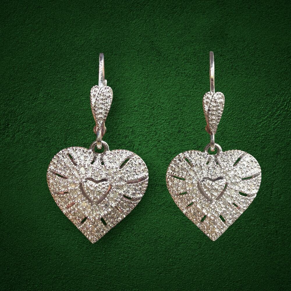 925 Sterling Silver EA Textured Heart Drop Design Pair Of Earrings 4.1 g